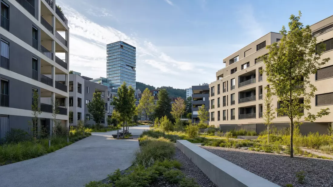 Moderne Schweizer Wohnüberbauung mit Grünflächen und Hochhaus im Hintergrund
