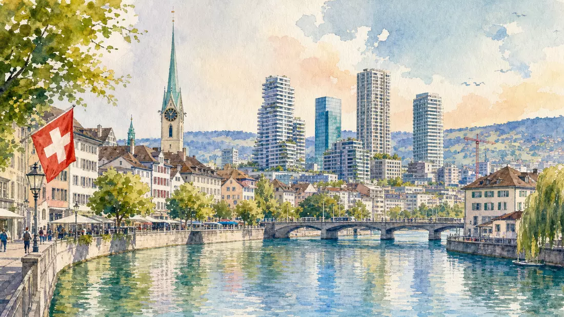 Aquarellbild einer Schweizer Stadt mit Fluss, Altstadt und modernen Wohntürmen