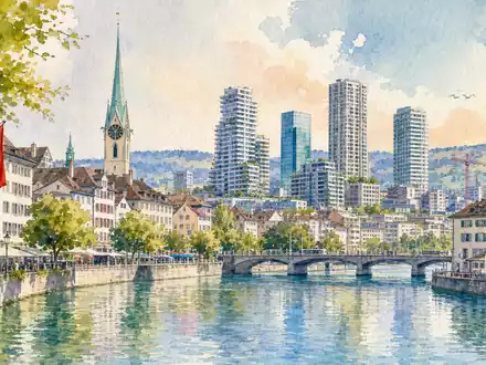 Allreal Holding AG (CH0008837566) präsentiert eine Aquarellmalerei einer Schweizer Stadtsilhouette mit Fluss und modernen Türmen - Foto: THN