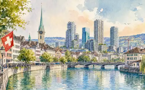 Allreal Holding AG (CH0008837566) prĂ€sentiert eine Aquarellmalerei einer Schweizer Stadtsilhouette mit Fluss und modernen TĂŒrmen - Foto: THN