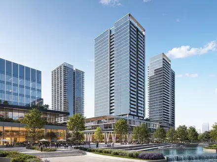 Allreal Holding AG (CH0008837566) zeigt einen Architektur-Render moderner Hochhäuser mit Glasfassaden und begrünter Plaza - Foto: THN