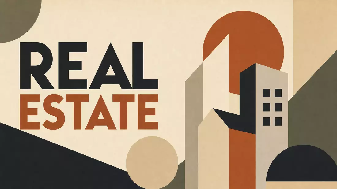 Bauhaus-Poster mit geometrischen Formen und dem Schriftzug REAL ESTATE