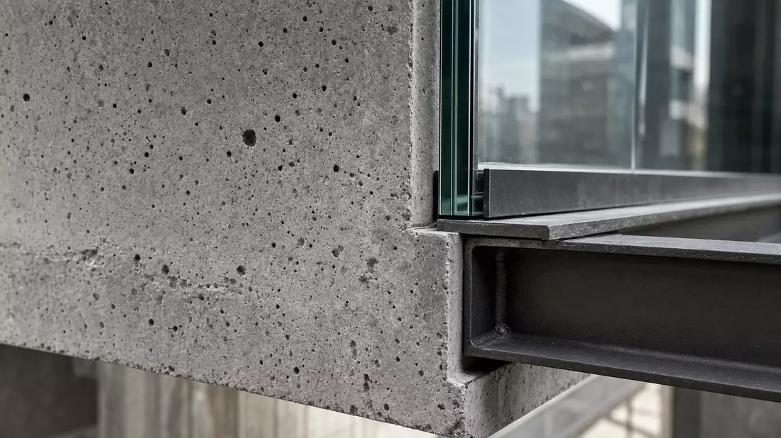 Makroaufnahme von Beton, Glas und Stahlträgern einer modernen Gebäudefassade