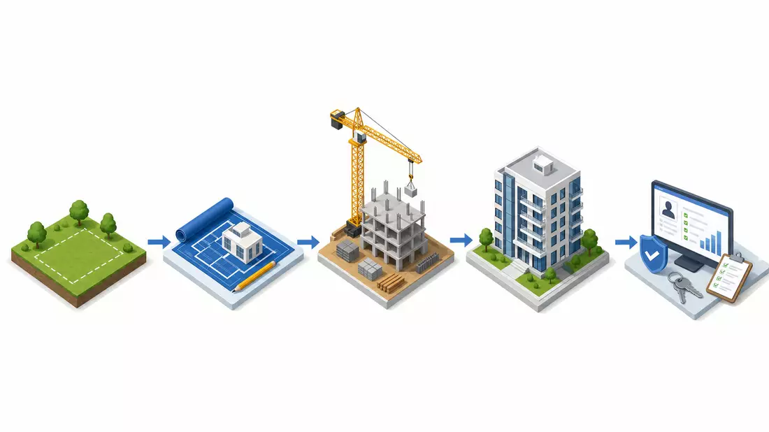 Isometrische 3D-Grafik der Wertschöpfungskette von Grundstück bis fertiger Immobilie