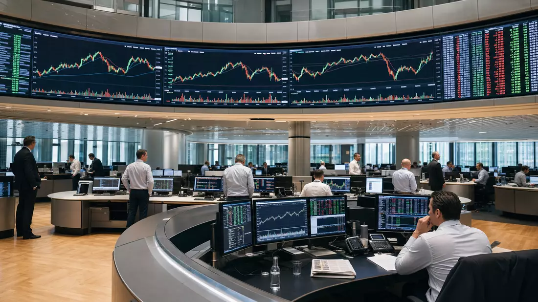 Trading-Halle der Schweizer Börse mit Charts zum Immobiliensektor auf Großbildschirmen