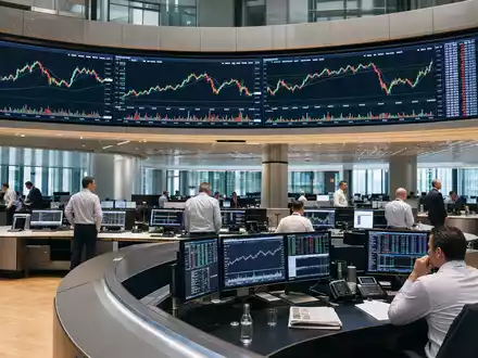 Allreal Holding AG (CH0008837566) zeigt ein Börsen-Editorialfoto der SIX Trading-Halle mit Immobilien-Sektor-Charts - Foto: THN