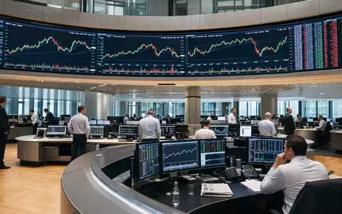 Allreal Holding AG (CH0008837566) zeigt ein Börsen-Editorialfoto der SIX Trading-Halle mit Immobilien-Sektor-Charts - Foto: THN