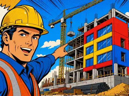Allreal Holding AG (CH0008837566) prÀsentiert eine Pop-Art-Comic-Szene mit Bauarbeiter vor bunter Baustelle - Foto: THN