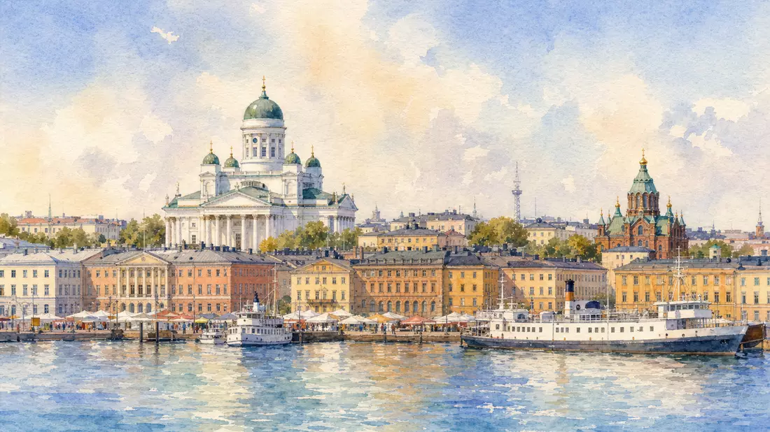 Aquarellmalerei der Helsinki Skyline mit Hafen und Kirchtürmen in weichen Pastelltönen
