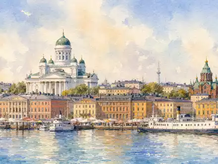 Elisa Oyj FI0009007832 zeigt Helsinkis Skyline und Hafen zart gemalt im Aquarell-Stil künstlerisch - Foto: THN