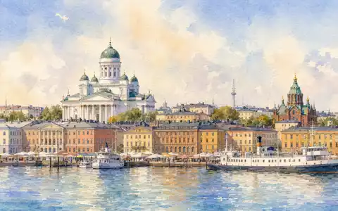 Elisa Oyj FI0009007832 zeigt Helsinkis Skyline und Hafen zart gemalt im Aquarell-Stil künstlerisch - Foto: THN