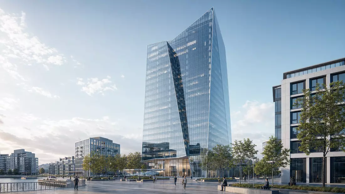 Architektonisches 3D-Rendering eines modernen gläsernen Bürohochhauses in nordischer Stadtkulisse