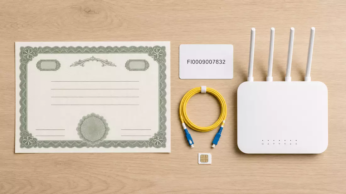 Flatlay-Anordnung mit Aktienzertifikat, ISIN-Karte, Router und Glasfaserkabel auf hellem Untergrund