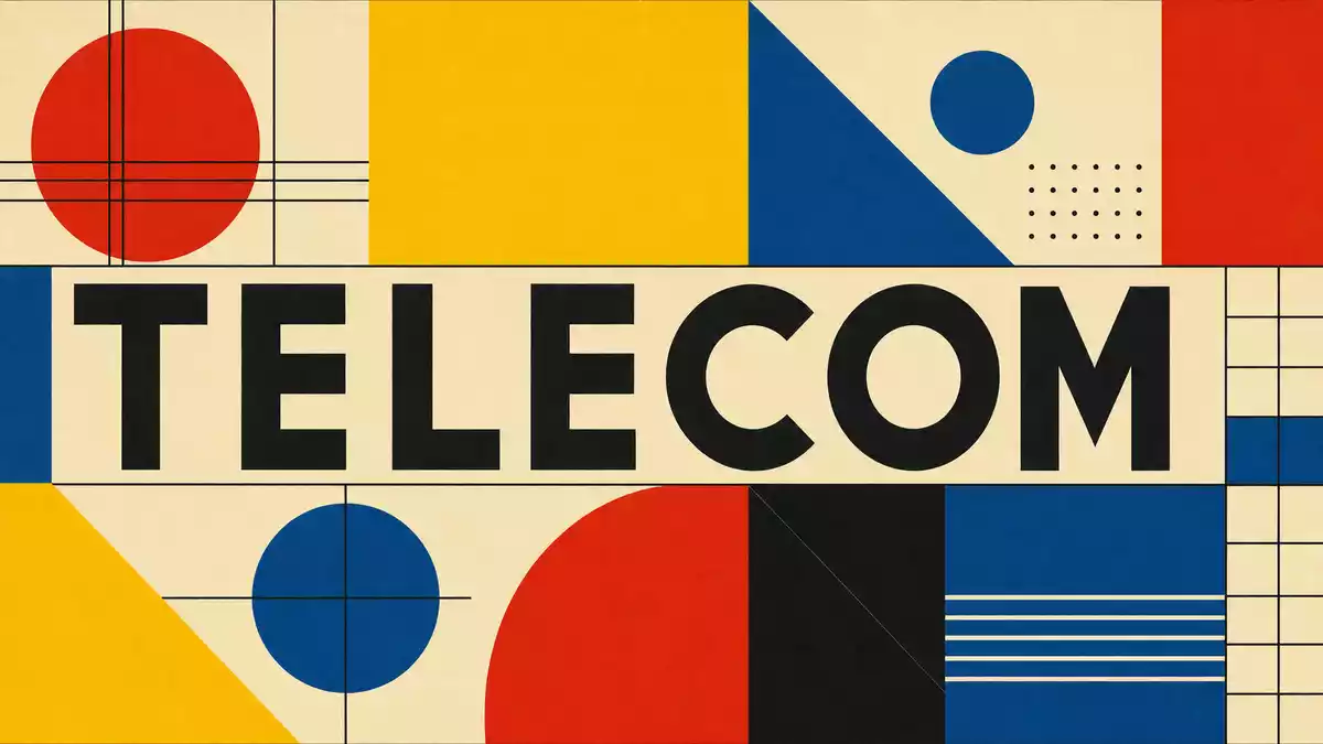 Geometrisches Bauhaus-Poster mit abstrakten Formen und dem Schriftzug TELECOM in Primärfarben