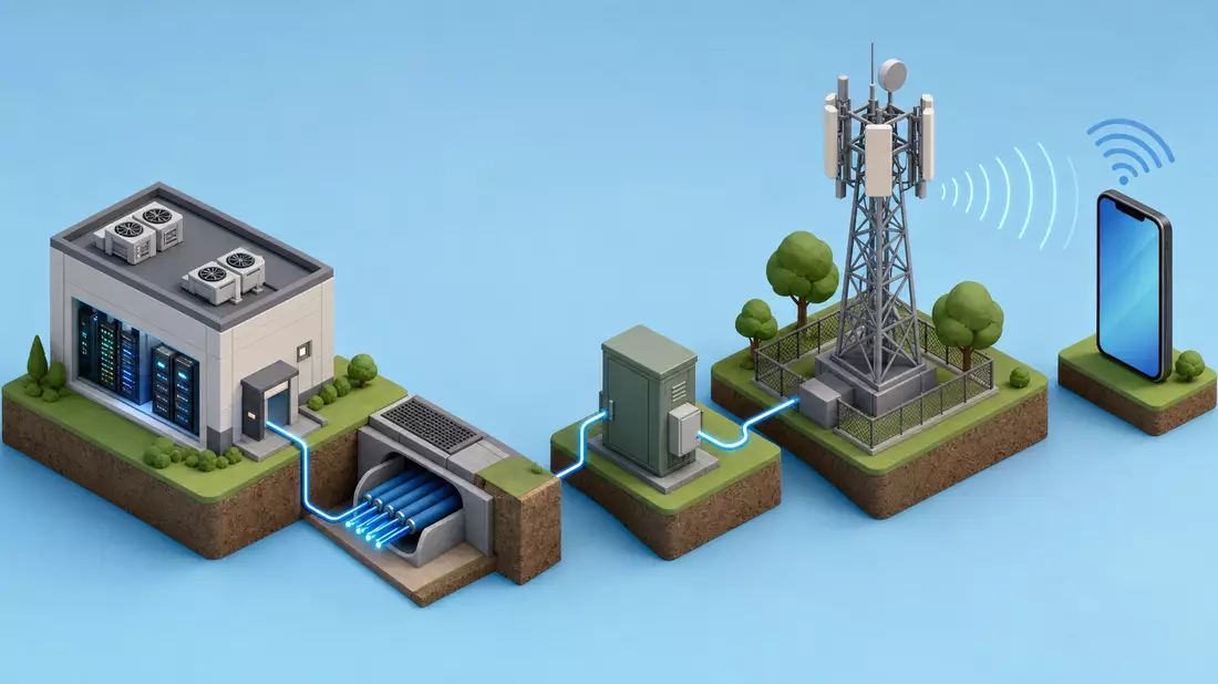 Isometrische 3D-Illustration einer Telekommunikations-Wertschöpfungskette von Sendemast bis Smartphone