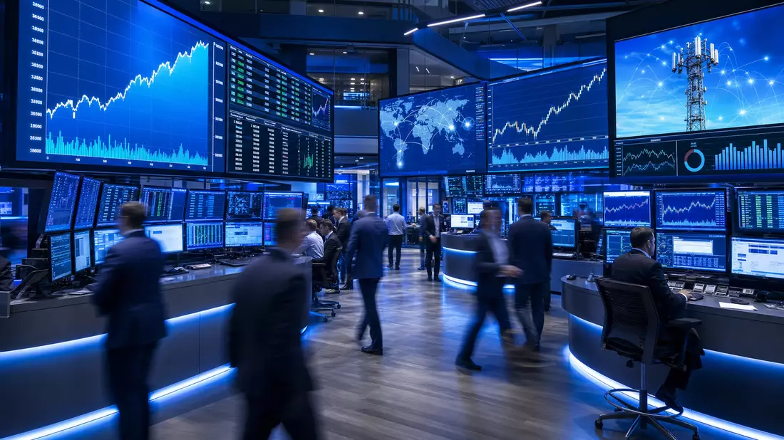 Editorial-Aufnahme eines Börsen-Trading-Floors mit Bildschirmen voller Telekommunikations-Aktiencharts