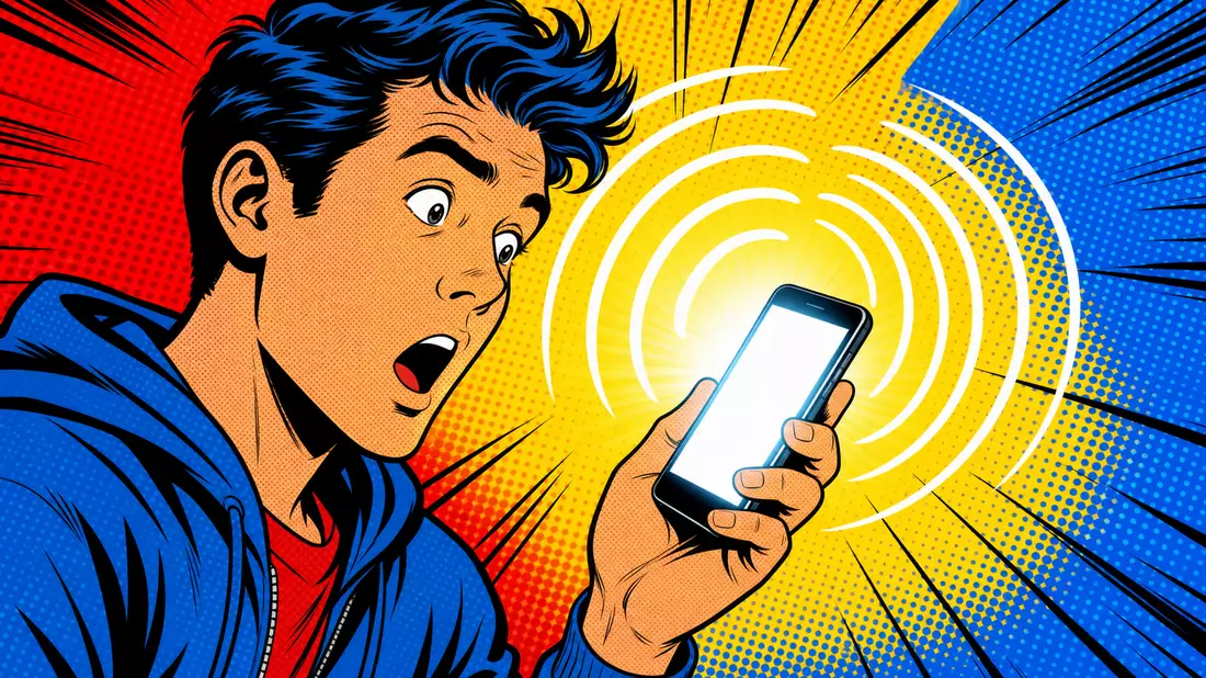 Bunte Pop-Art-Comic-Illustration mit Smartphone, Funkwellen und Sprechblase im Halftone-Stil