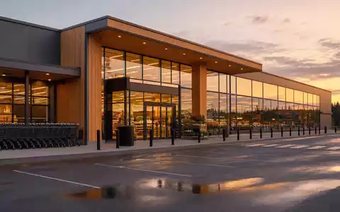 Fotorealistische Außenaufnahme zeigt einen modernen Supermarkt, typisches Einzelhandelsgeschäft der Kesko Oyj Aktie FI0009000202 aus Finnland - Foto: THN