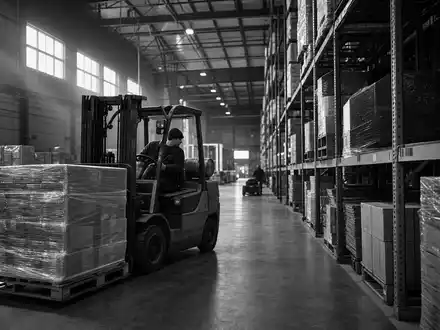 Schwarzweiß-Reportagefoto dokumentiert eine große Logistik-Lagerhalle, passend zur Kesko Oyj Aktie FI0009000202 im finnischen Einzelhandel - Foto: THN