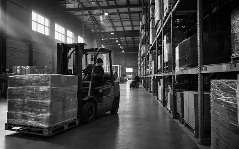 Schwarzweiß-Reportagefoto dokumentiert eine große Logistik-Lagerhalle, passend zur Kesko Oyj Aktie FI0009000202 im finnischen Einzelhandel - Foto: THN