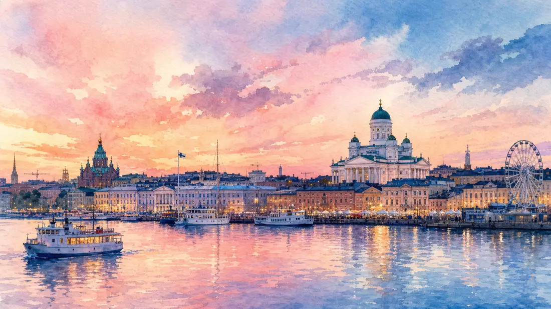 Aquarellgemälde der Helsinki Skyline mit Hafen und pastellfarbenem Himmel
