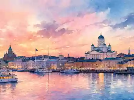 Aquarellmalerei zeigt die Helsinki Stadtsilhouette am Wasser, thematisch passend zur Kesko Oyj Aktie ISIN FI0009000202 - Foto: THN