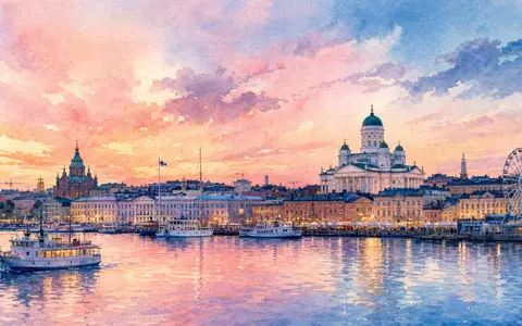 Aquarellmalerei zeigt die Helsinki Stadtsilhouette am Wasser, thematisch passend zur Kesko Oyj Aktie ISIN FI0009000202 - Foto: THN
