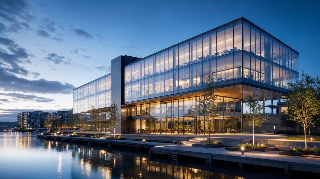 3D-Architekturvisualisierung eines modernen Glas-Bürogebäudes am Wasser