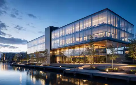 Architektur-Render visualisiert ein modernes gläsernes Bürohochhaus am Wasser, symbolisch für die Kesko Oyj Aktie FI0009000202 - Foto: THN