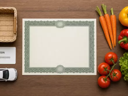 Flatlay-Arrangement mit Aktienzertifikat, ISIN-Karte und Einkaufskorb repräsentiert bildlich die Kesko Oyj Aktie FI0009000202 aus Finnland - Foto: THN