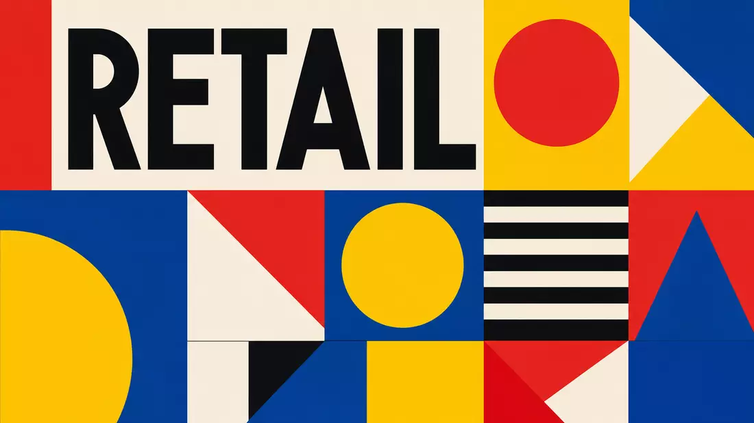 Bauhaus-Poster mit geometrischen Formen und dem Wort RETAIL in kräftigen Farben