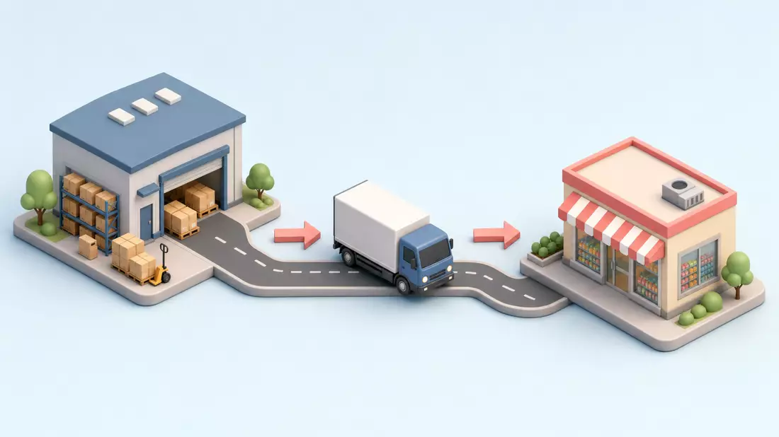 Isometrische 3D-Illustration einer Lieferkette von Lager über LKW zu Ladengeschäft