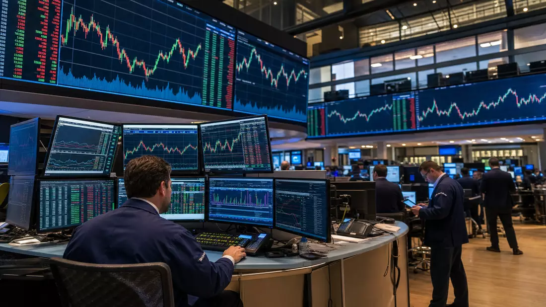 Editorial-Foto eines Börsenhandelssaals mit Finanzcharts auf großen Bildschirmen
