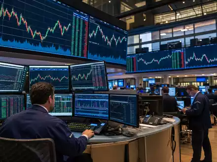 Börsen-Editorial zeigt einen Handelssaal mit Finanzcharts auf Bildschirmen, thematisch passend zur Kesko Oyj Aktie FI0009000202 - Foto: THN