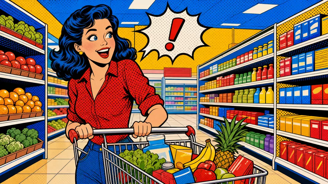 Bunte Pop-Art-Comic-Illustration einer Person mit Einkaufswagen im Supermarkt