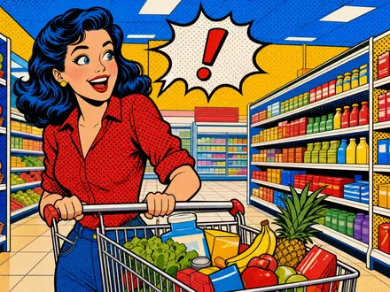 Pop-Art-Comic-Szene im Supermarkt visualisiert humorvoll und farbenfroh die Kesko Oyj Aktie FI0009000202 aus Finnland - Foto: THN