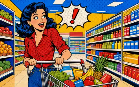 Pop-Art-Comic-Szene im Supermarkt visualisiert humorvoll und farbenfroh die Kesko Oyj Aktie FI0009000202 aus Finnland - Foto: THN