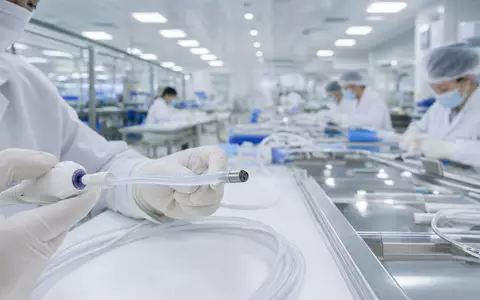 Ambu A/S (DK0060946788) zeigt fotorealistisch moderne Medizintechnik-Fertigung von Einweg-Endoskopen in steriler Reinraumumgebung - Foto: THN