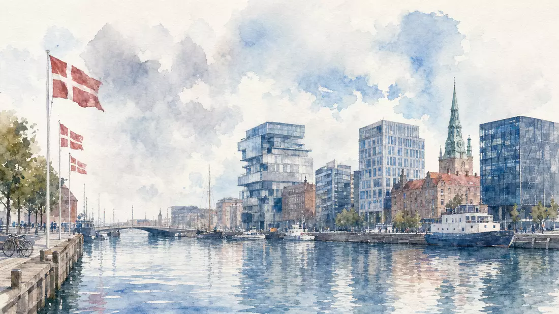 Aquarell der Kopenhagener Hafenskyline mit dänischen Flaggen