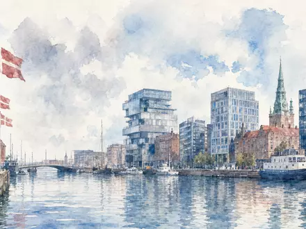 Ambu A/S (DK0060946788) präsentiert Kopenhagens Hafenskyline als zartes Aquarell mit dänischen Flaggen und Bürogebäuden - Foto: THN