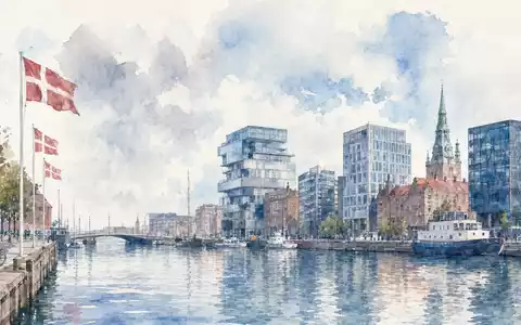 Ambu A/S (DK0060946788) präsentiert Kopenhagens Hafenskyline als zartes Aquarell mit dänischen Flaggen und Bürogebäuden - Foto: THN