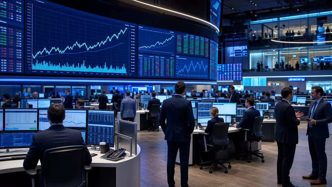 Börsen-Editorial mit Trading-Floor und Gesundheitssektor-Charts