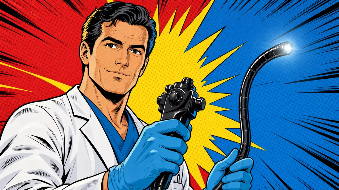 Pop-Art-Comic eines Arztes mit stilisiertem Endoskop-Gerät