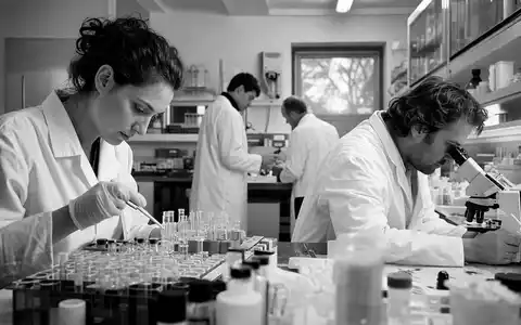 Dokumentarische Schwarzweiß-Reportage zeigt Laborarbeit in Pharmaunternehmen Orion Oyj, ISIN FI0009014377, mit Forschern - Foto: THN