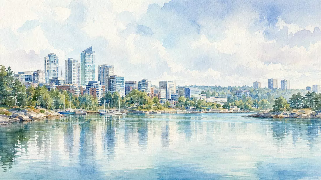 Aquarellbild der Stadt Espoo mit Wasser und Himmel, Orion Oyj FI0009014377