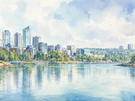Aquarellmalerei zeigt Skyline von Espoo als Sitz von Orion Oyj, ISIN FI0009014377, in weichen Farben - Foto: THN