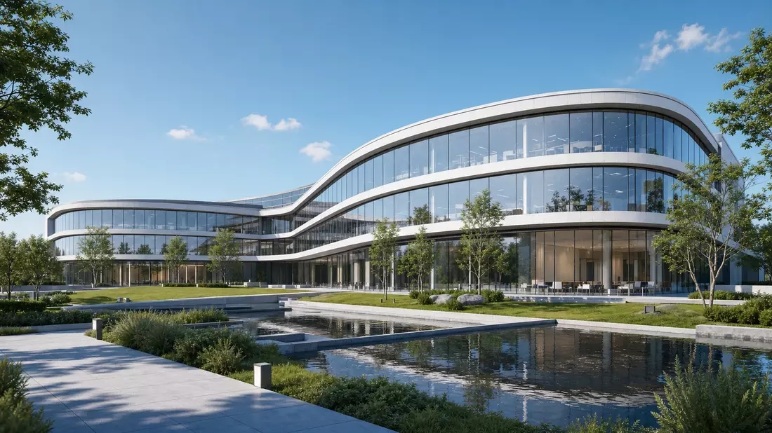 3D-Architekturrender eines Bürogebäudes mit Glasfassade, Orion Oyj FI0009014377