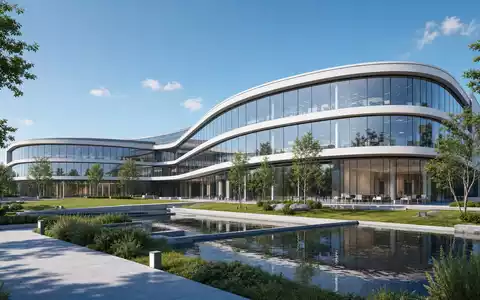 Architektur-Render zeigt futuristisches Firmengebäude von Orion Oyj, ISIN FI0009014377, mit Glasfassade und Grünflächen - Foto: THN