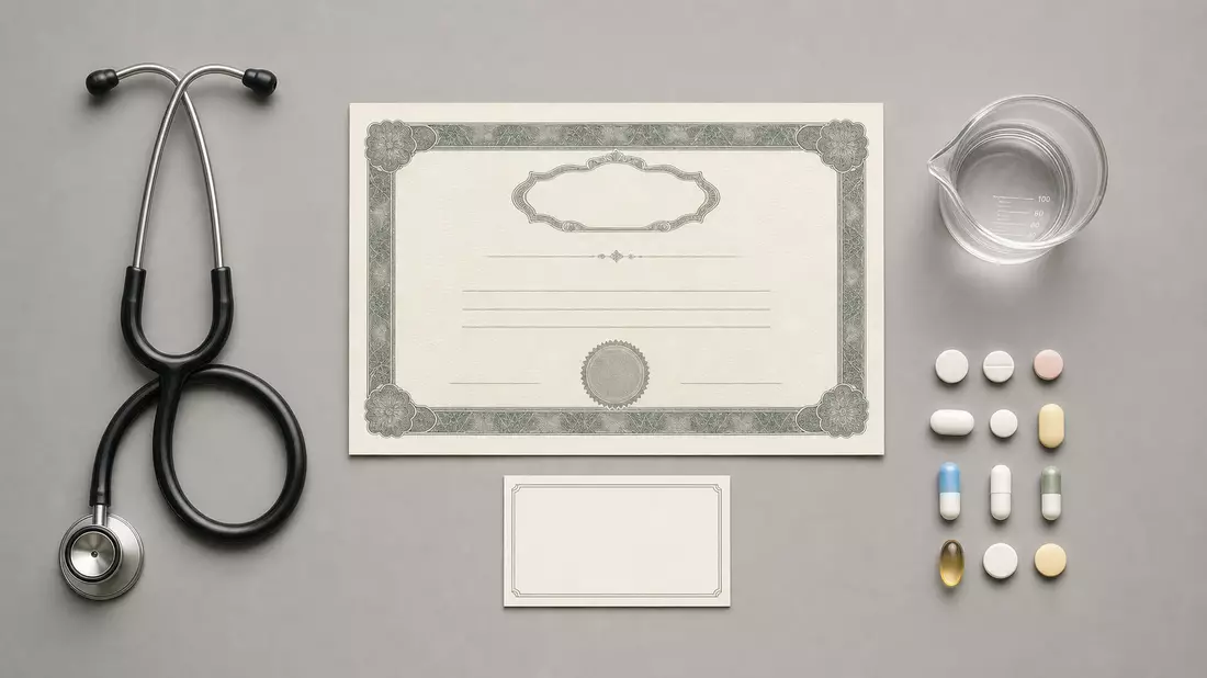 Flatlay mit Aktienzertifikat, Pillen und Laborutensilien, Orion Oyj FI0009014377