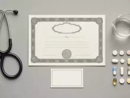 Flatlay-Arrangement zeigt Aktienzertifikat und ISIN-Karte von Orion Oyj, ISIN FI0009014377, mit Pharmautensilien - Foto: THN